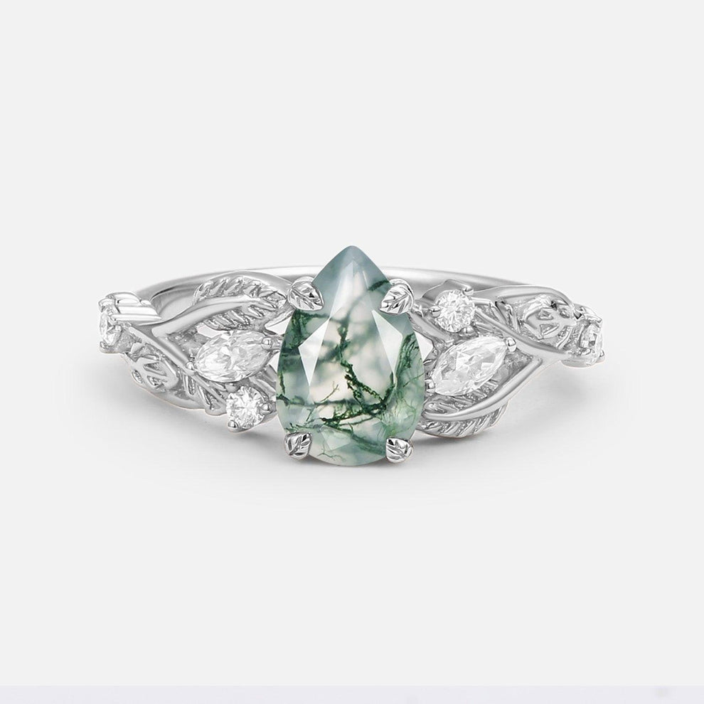 Pear Shaped Moss Agate Leafy Wedding Engagement Ring.