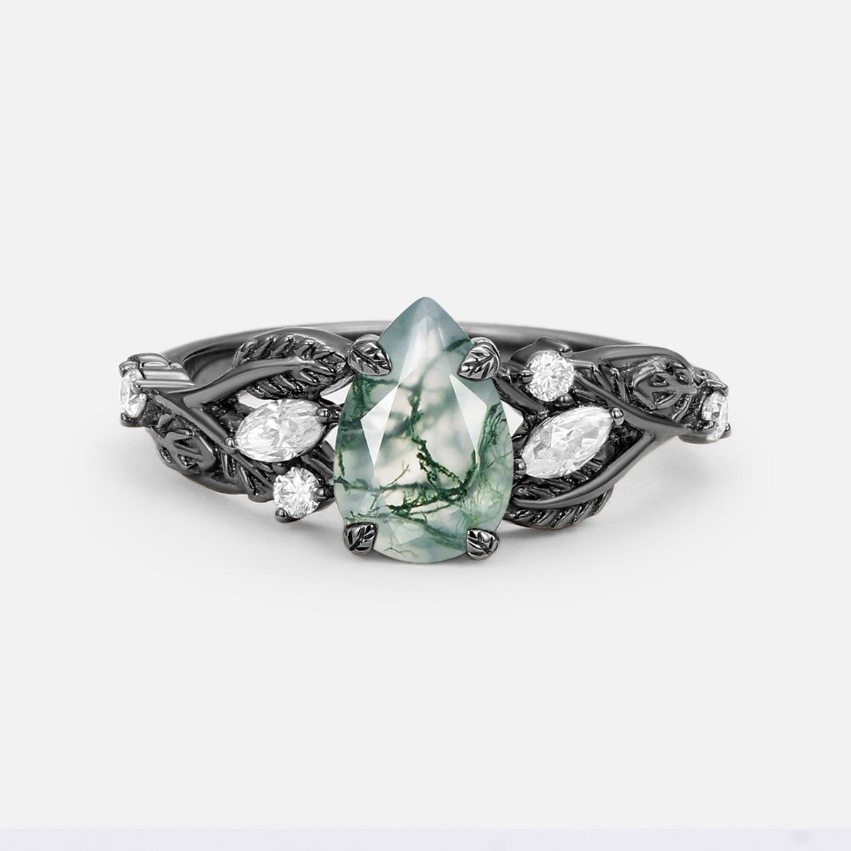 Pear Shaped Moss Agate Leafy Wedding Engagement Ring.