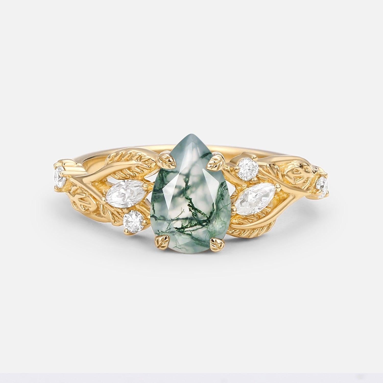 Pear Shaped Moss Agate Leafy Wedding Engagement Ring.