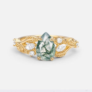 Pear Shaped Moss Agate Leafy Wedding Engagement Ring.