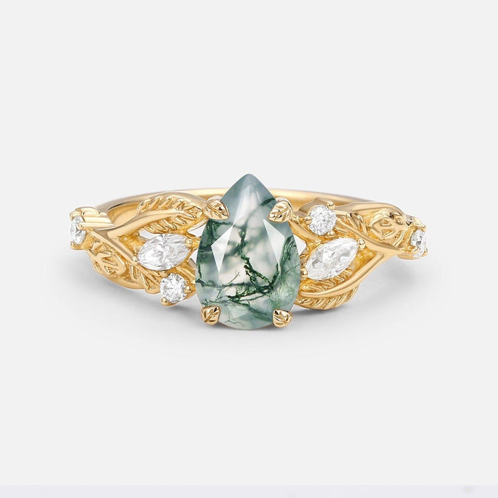 Pear Shaped Moss Agate Leafy Wedding Engagement Ring.