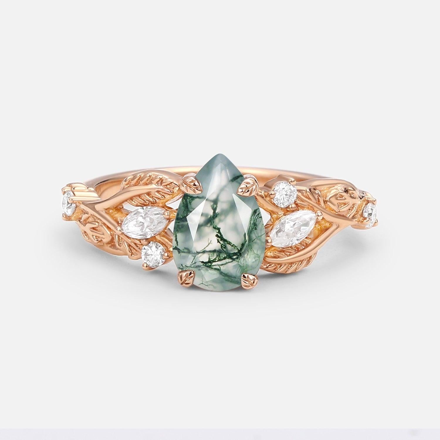 Pear Shaped Moss Agate Leafy Wedding Engagement Ring.