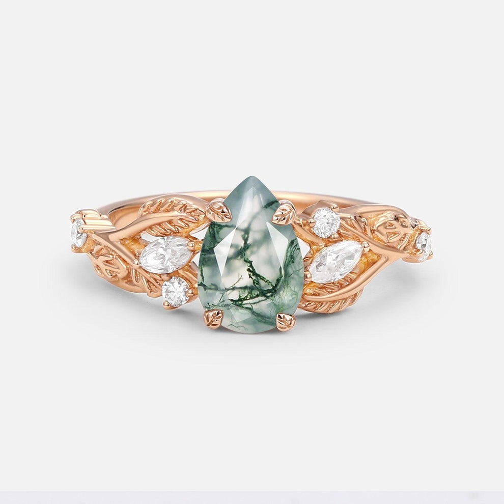 Pear Shaped Moss Agate Leafy Wedding Engagement Ring.