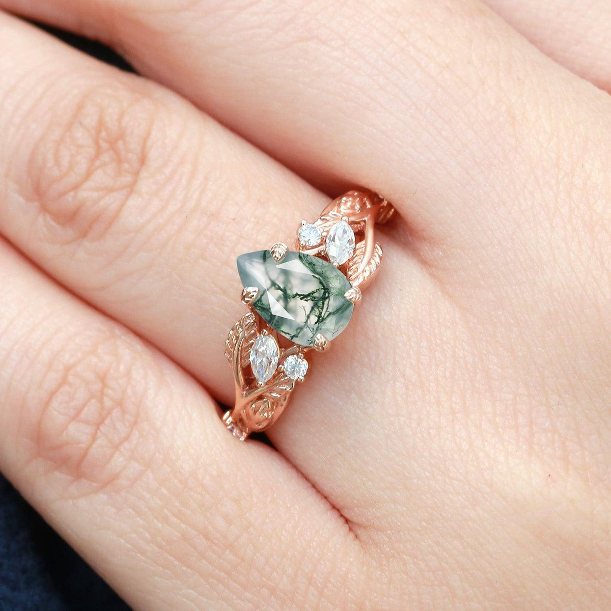 Pear Shaped Moss Agate Leafy Wedding Engagement Ring.