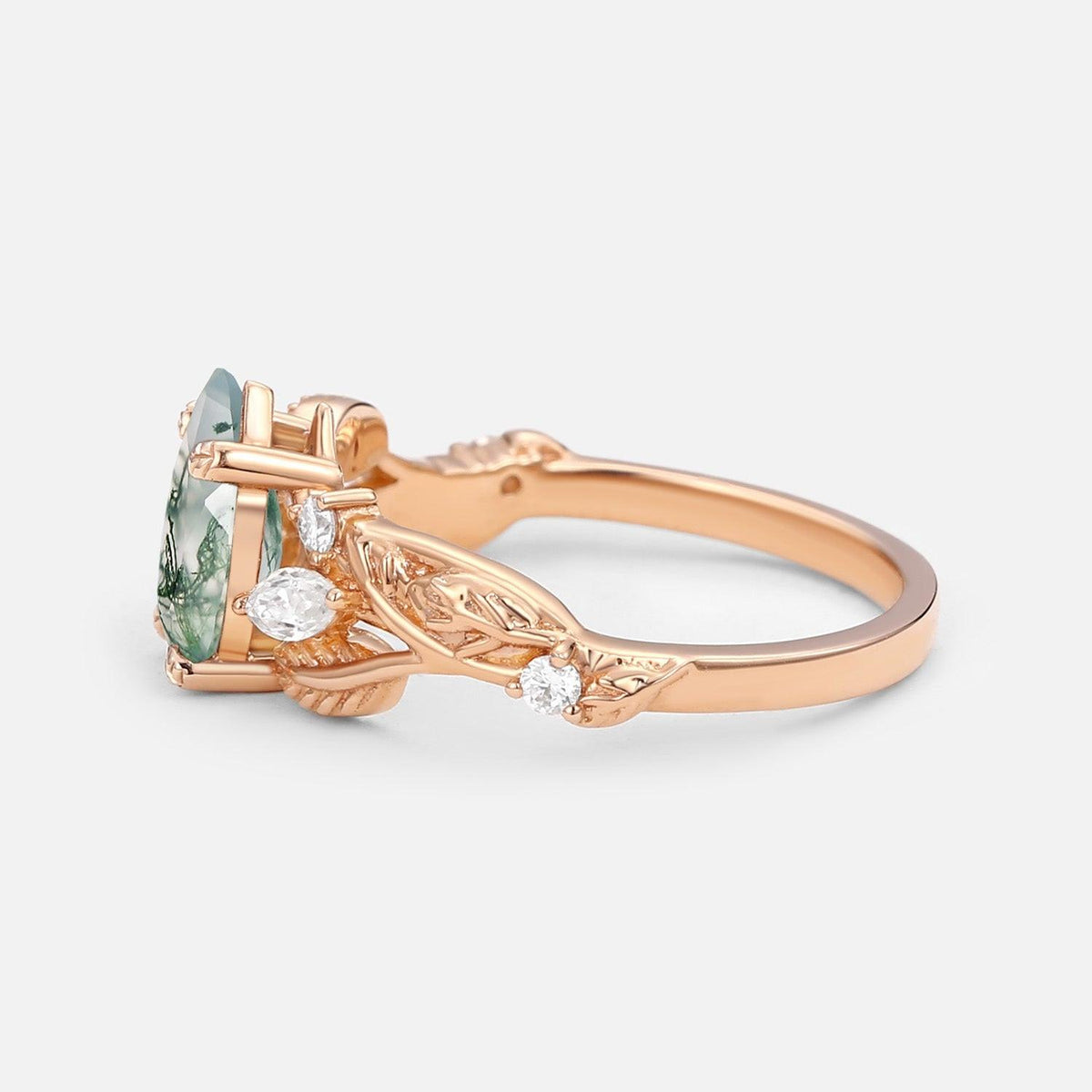 Pear Shaped Moss Agate Leafy Wedding Engagement Ring.