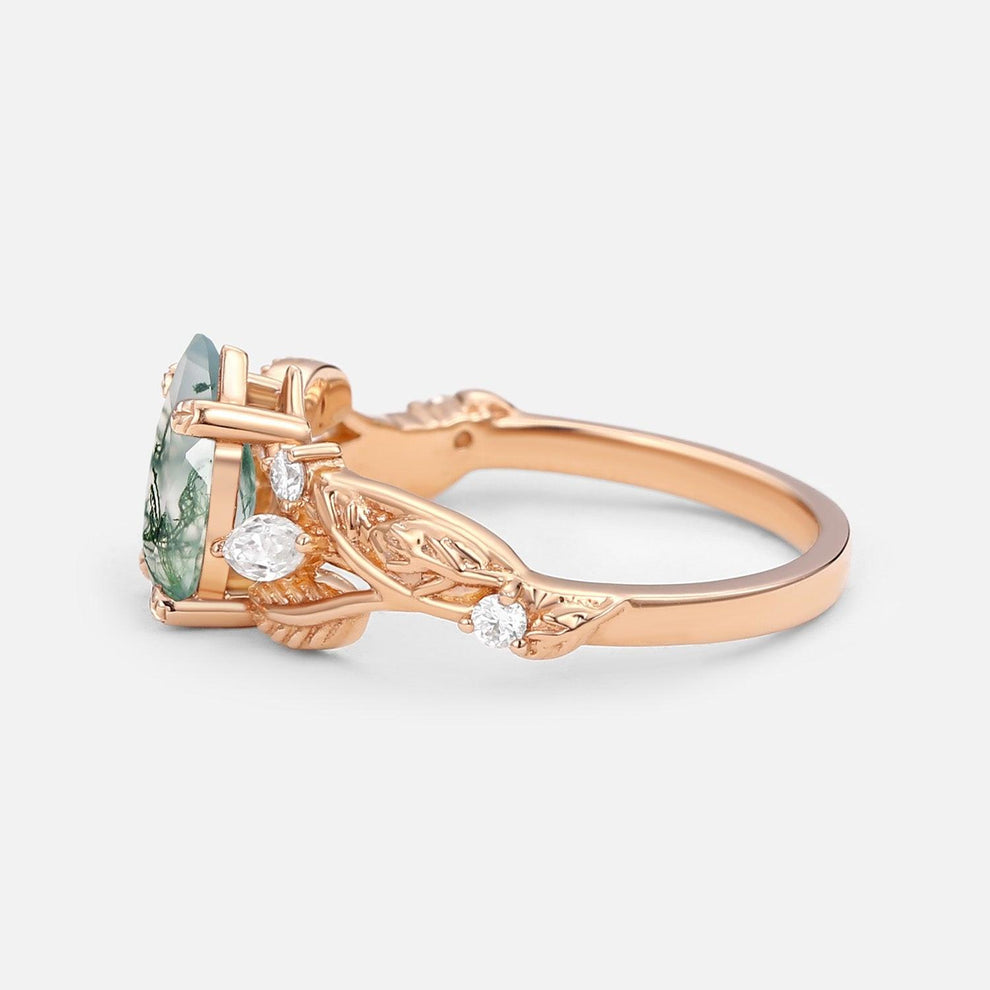 Pear Shaped Moss Agate Leafy Wedding Engagement Ring.