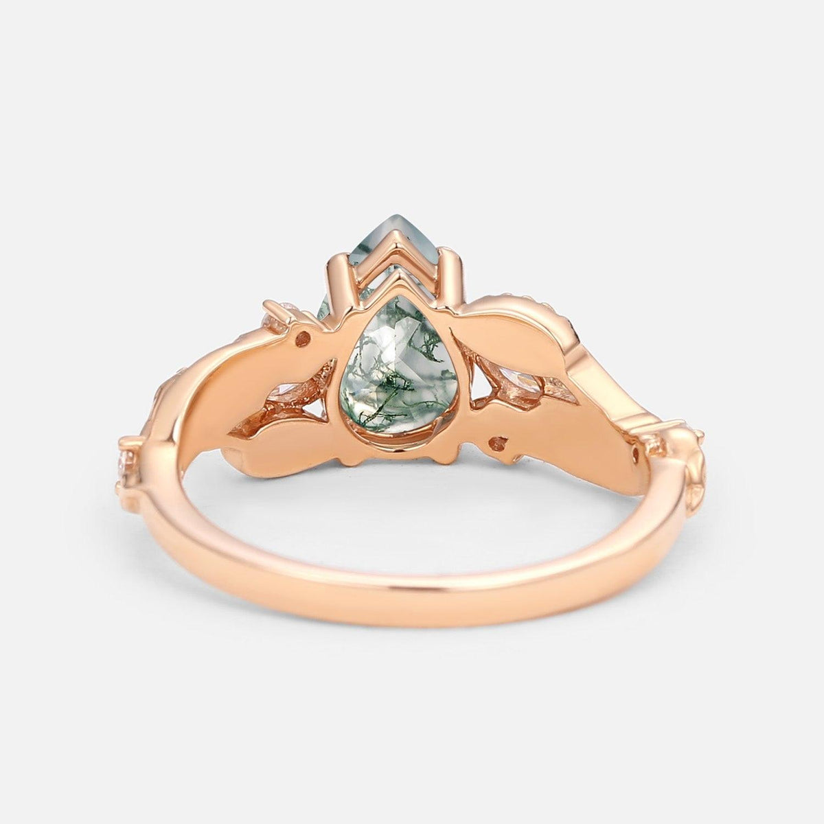 Pear Shaped Moss Agate Leafy Wedding Engagement Ring.