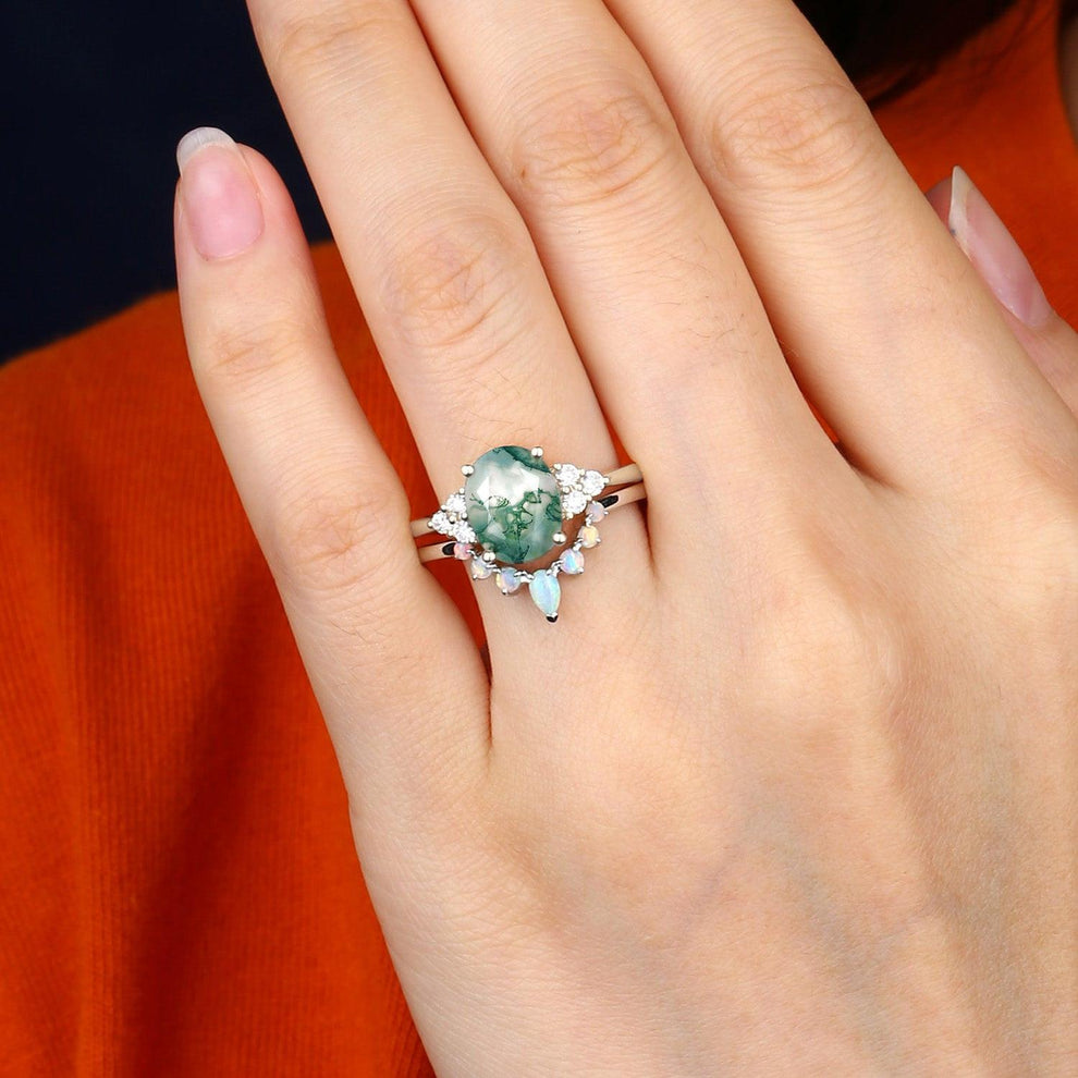 Aurora 3.5CT Oval Cut Moss Agate & Natural Opal Cluster Gold Ring Set 2pcs.