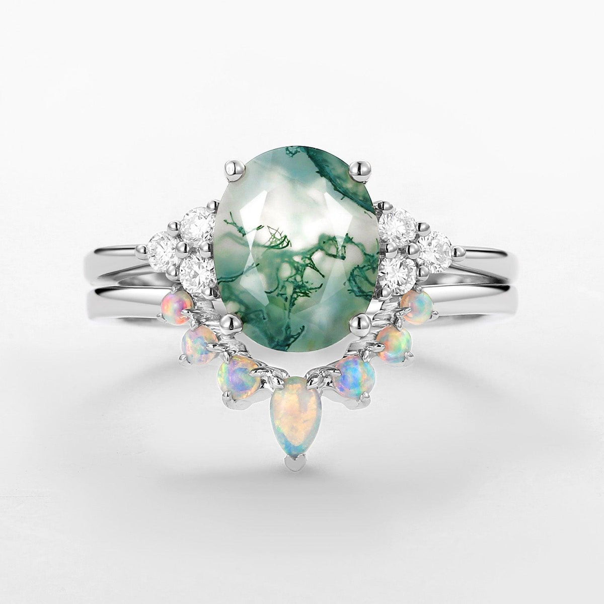 Aurora 3.5CT Oval Cut Moss Agate & Natural Opal Cluster Gold Ring Set 2pcs.