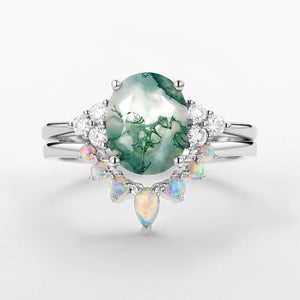 Aurora 3.5CT Oval Cut Moss Agate & Natural Opal Cluster Gold Ring Set 2pcs.