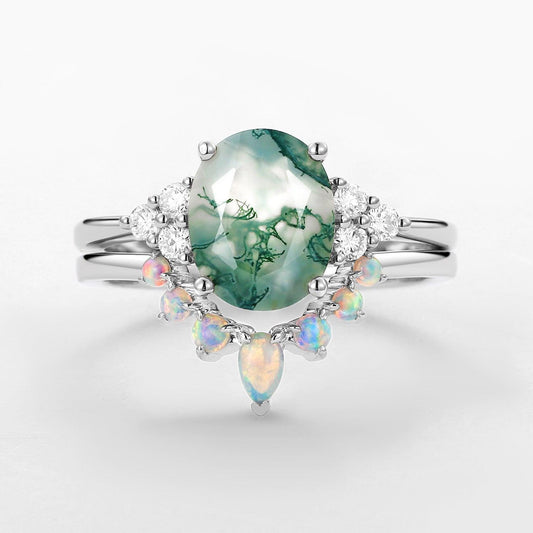 Aurora 3.5CT Oval Cut Moss Agate & Natural Opal Cluster Gold Ring Set 2pcs.