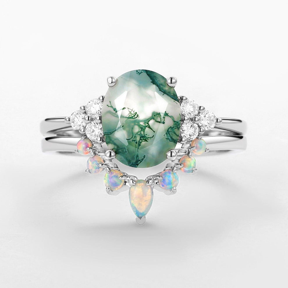 Aurora 3.5CT Oval Cut Moss Agate & Natural Opal Cluster Gold Ring Set 2pcs.
