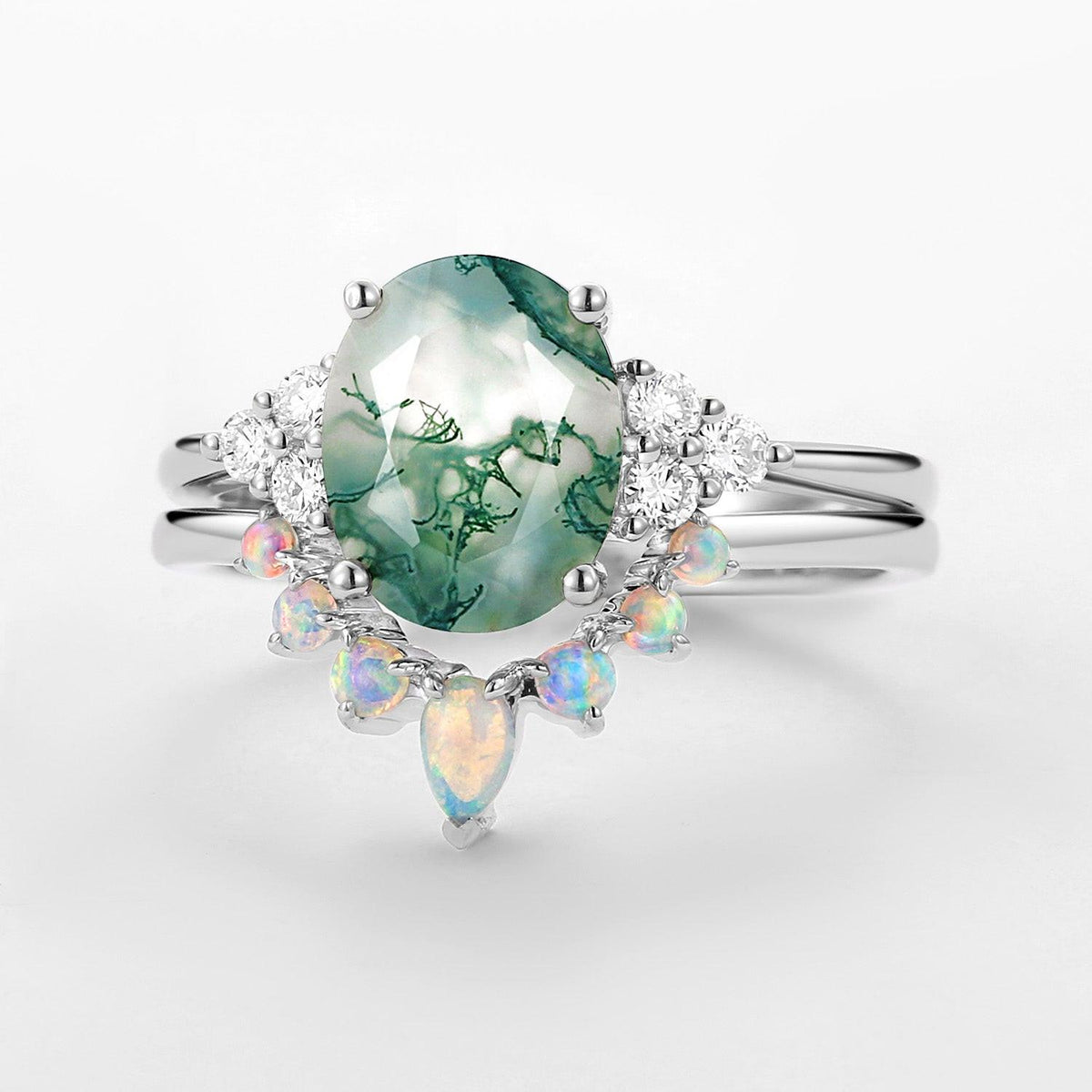 Aurora 3.5CT Oval Cut Moss Agate & Natural Opal Cluster Gold Ring Set 2pcs.