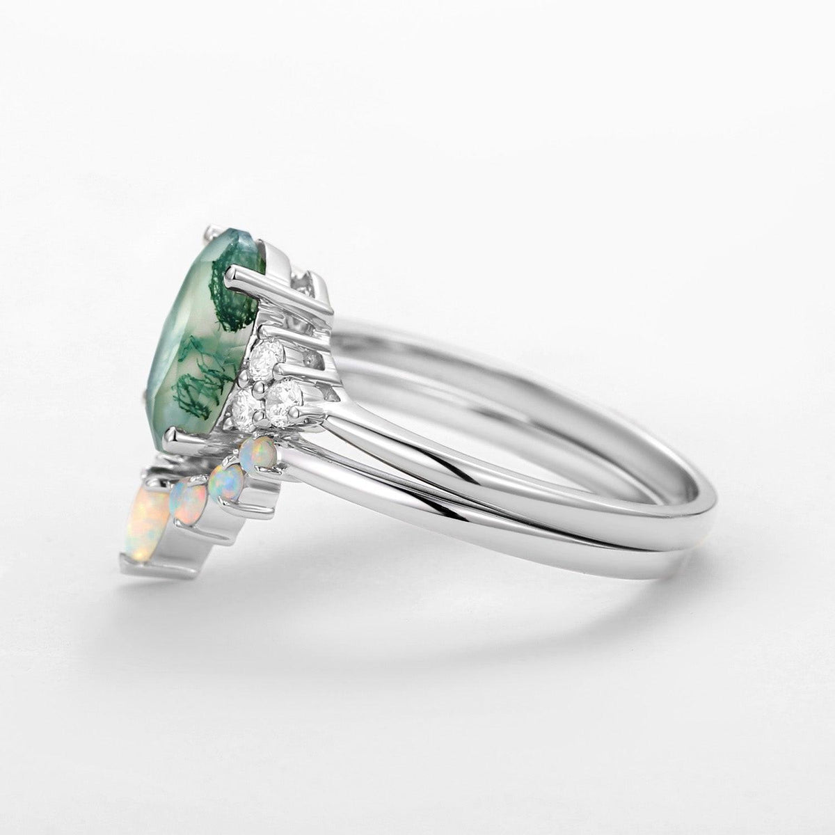 Aurora 3.5CT Oval Cut Moss Agate & Natural Opal Cluster Gold Ring Set 2pcs.