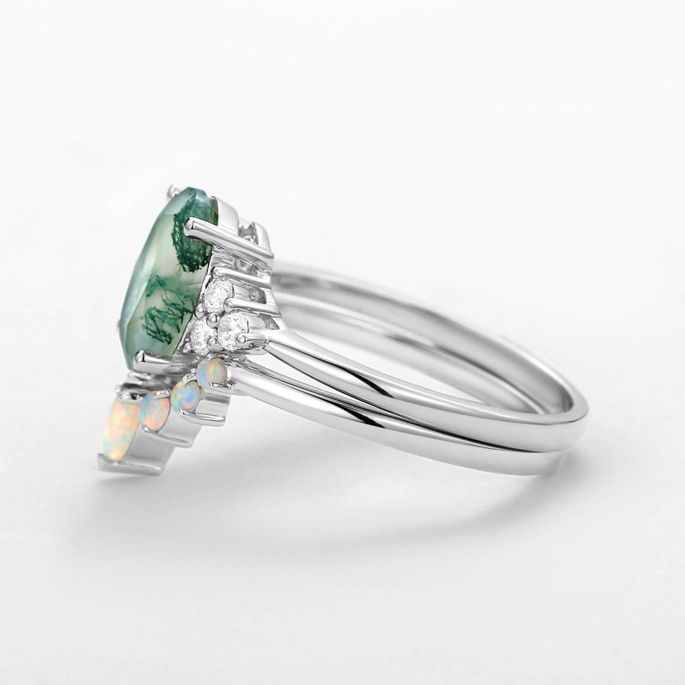 Aurora 3.5CT Oval Cut Moss Agate & Natural Opal Cluster Gold Ring Set 2pcs.