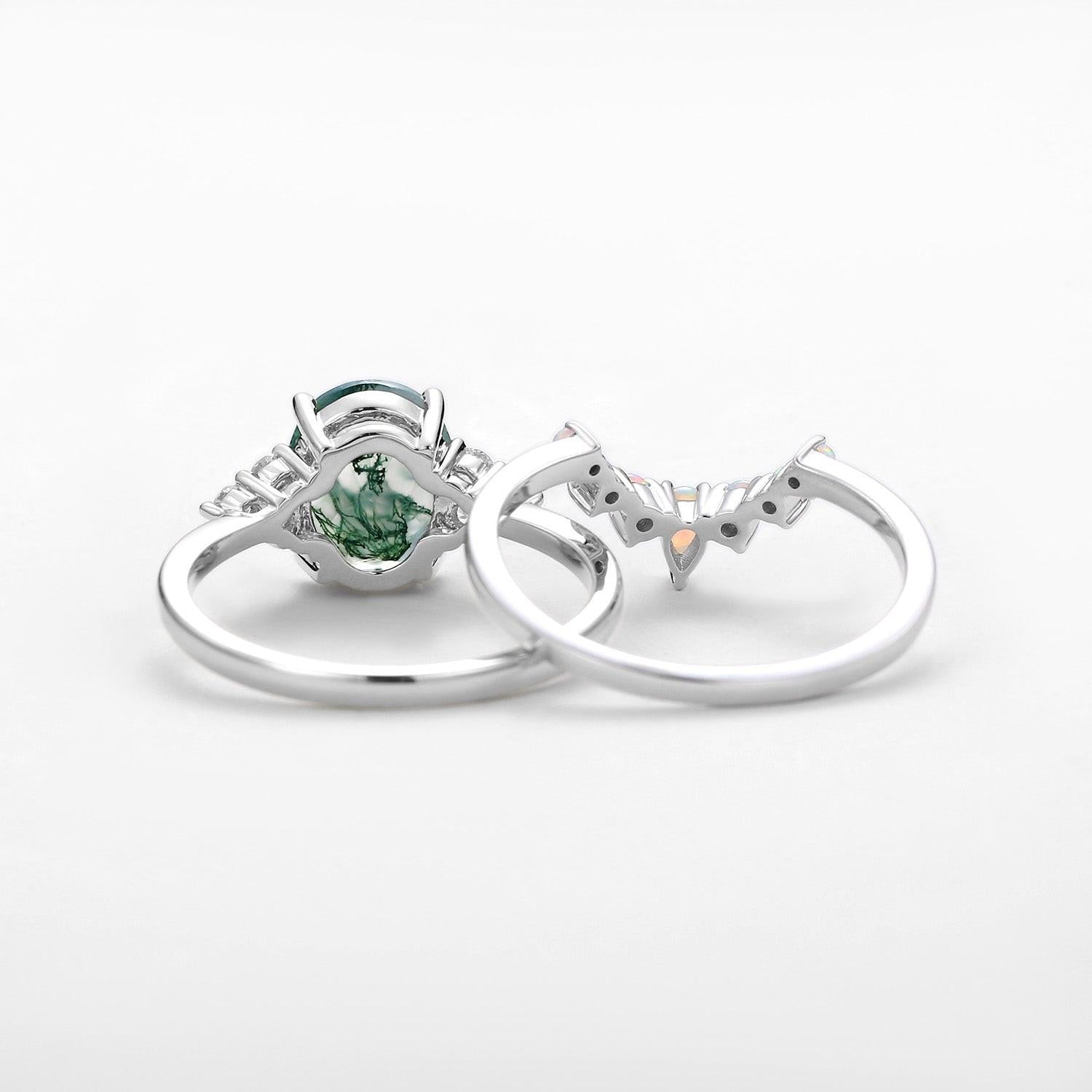 Aurora 3.5CT Oval Cut Moss Agate & Natural Opal Cluster Gold Ring Set 2pcs.