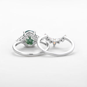 Aurora 3.5CT Oval Cut Moss Agate & Natural Opal Cluster Gold Ring Set 2pcs.