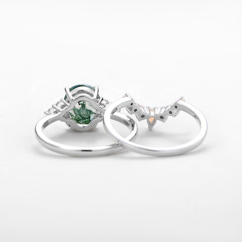 Aurora 3.5CT Oval Cut Moss Agate & Natural Opal Cluster Gold Ring Set 2pcs.