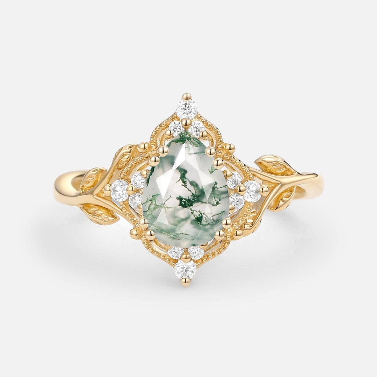 Pear Cut Moss Agate Leafy Vintage Engagement Ring.