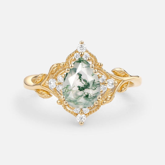 Pear Cut Moss Agate Leafy Vintage Engagement Ring.