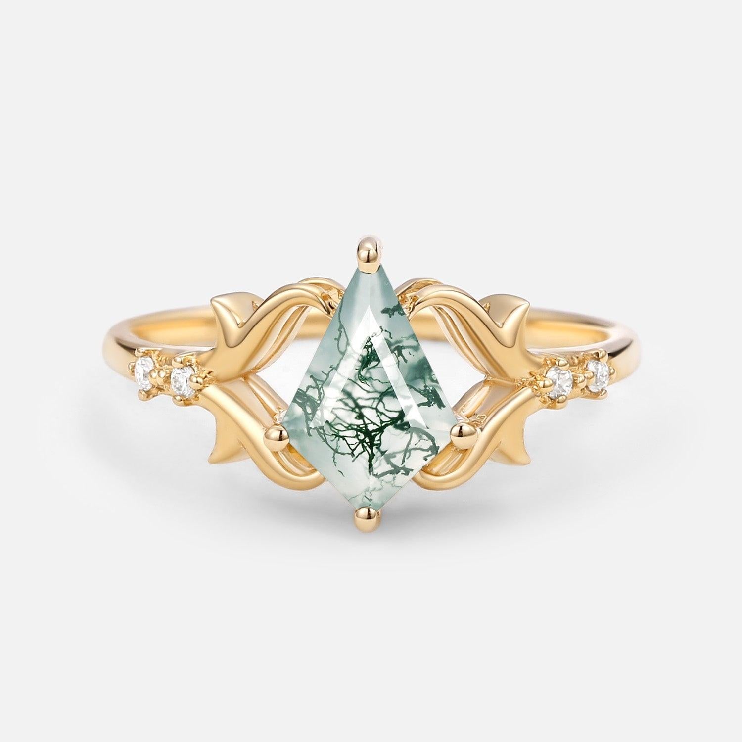 Sylvie’s Tendril | Kite Cut Moss Agate Engagement Ring.