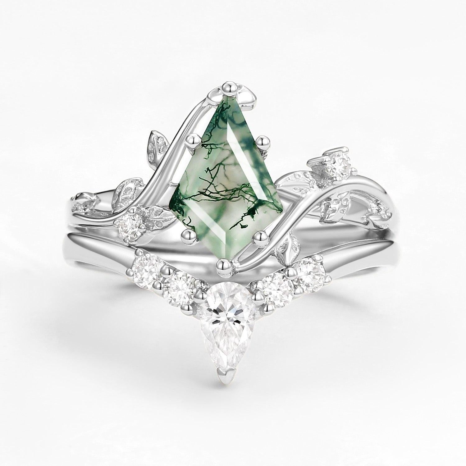 Unique Kite Cut Green Moss Agate Leafy Ring Sets 2pcs.