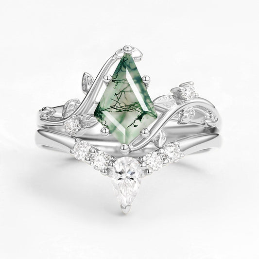 Unique Kite Cut Green Moss Agate Leafy Ring Sets 2pcs.