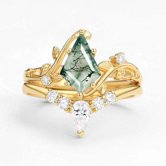 Unique Kite Cut Green Moss Agate Leafy Ring Sets 2pcs.