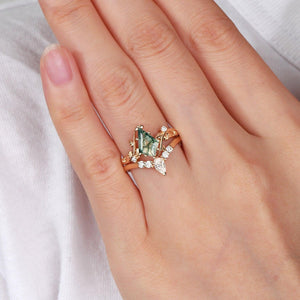Unique Kite Cut Green Moss Agate Leafy Ring Sets 2pcs.