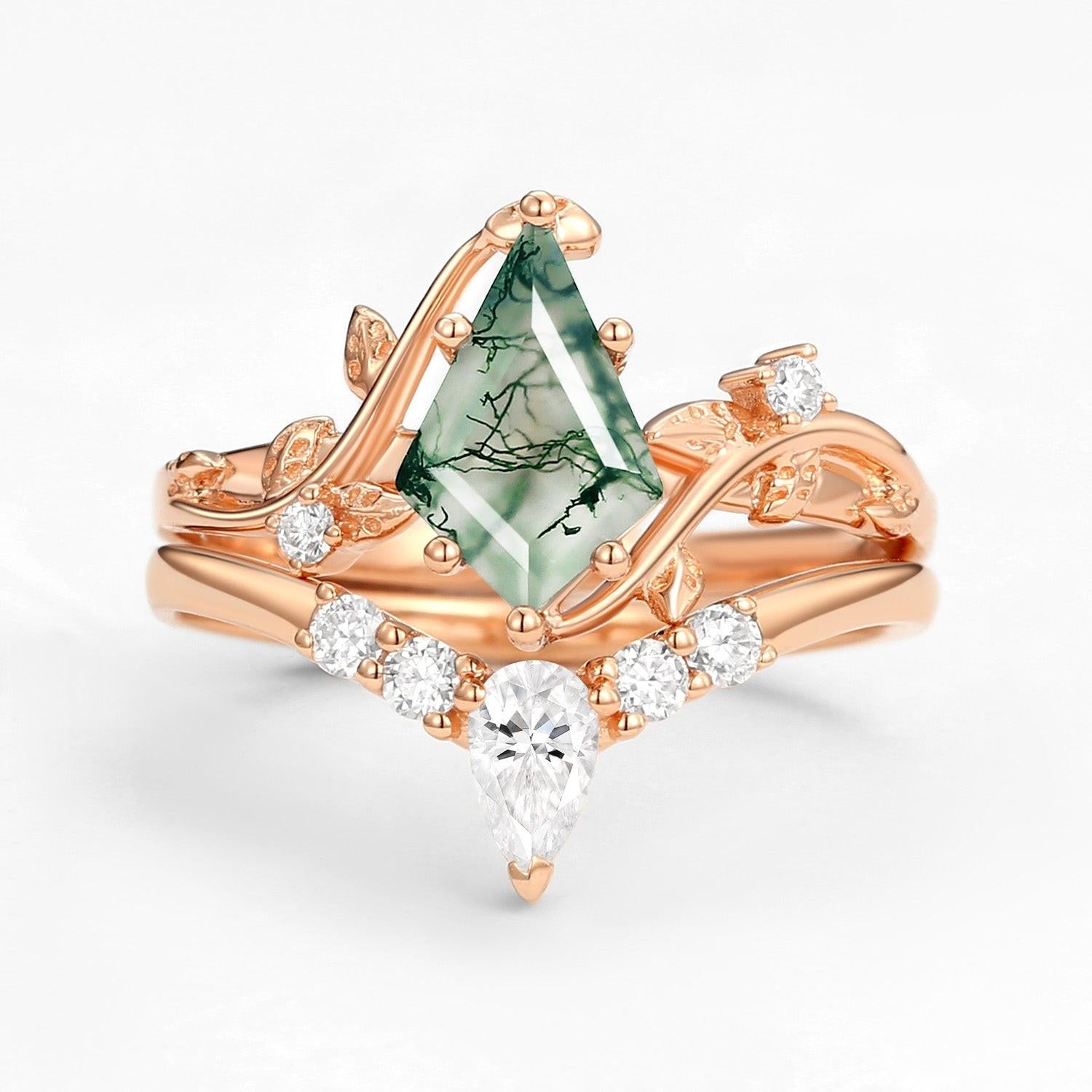 Unique Kite Cut Green Moss Agate Leafy Ring Sets 2pcs.