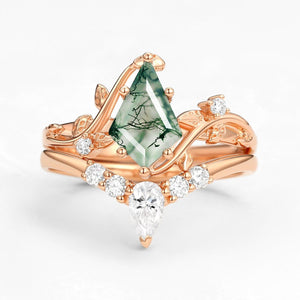 Unique Kite Cut Green Moss Agate Leafy Ring Sets 2pcs.