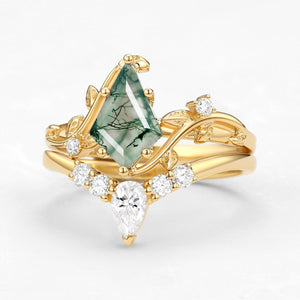 Unique Kite Cut Green Moss Agate Leafy Ring Sets 2pcs.