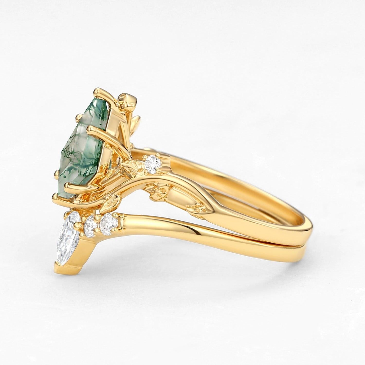 Unique Kite Cut Green Moss Agate Leafy Ring Sets 2pcs.