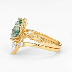 Unique Kite Cut Green Moss Agate Leafy Ring Sets 2pcs.