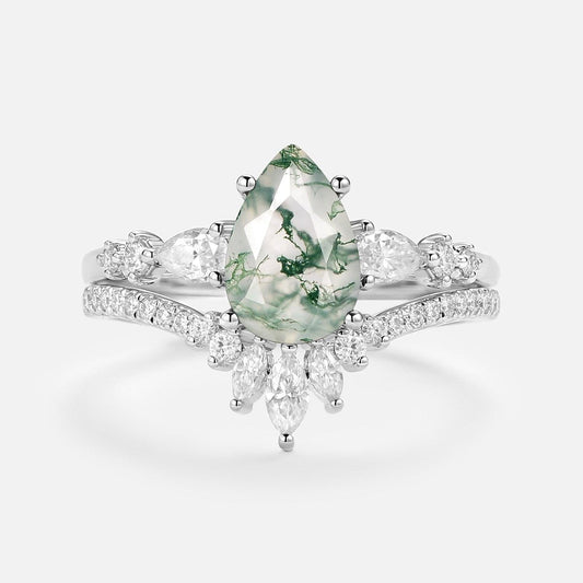 Scottie 1.5ct Signature Pear Moss Agate Staccato Ring Set 2pcs.