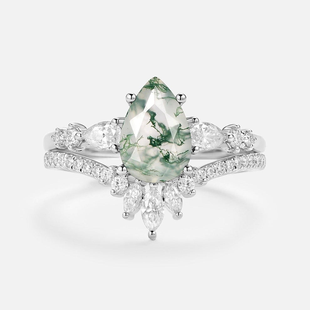 Scottie 1.5ct Signature Pear Moss Agate Staccato Ring Set 2pcs.