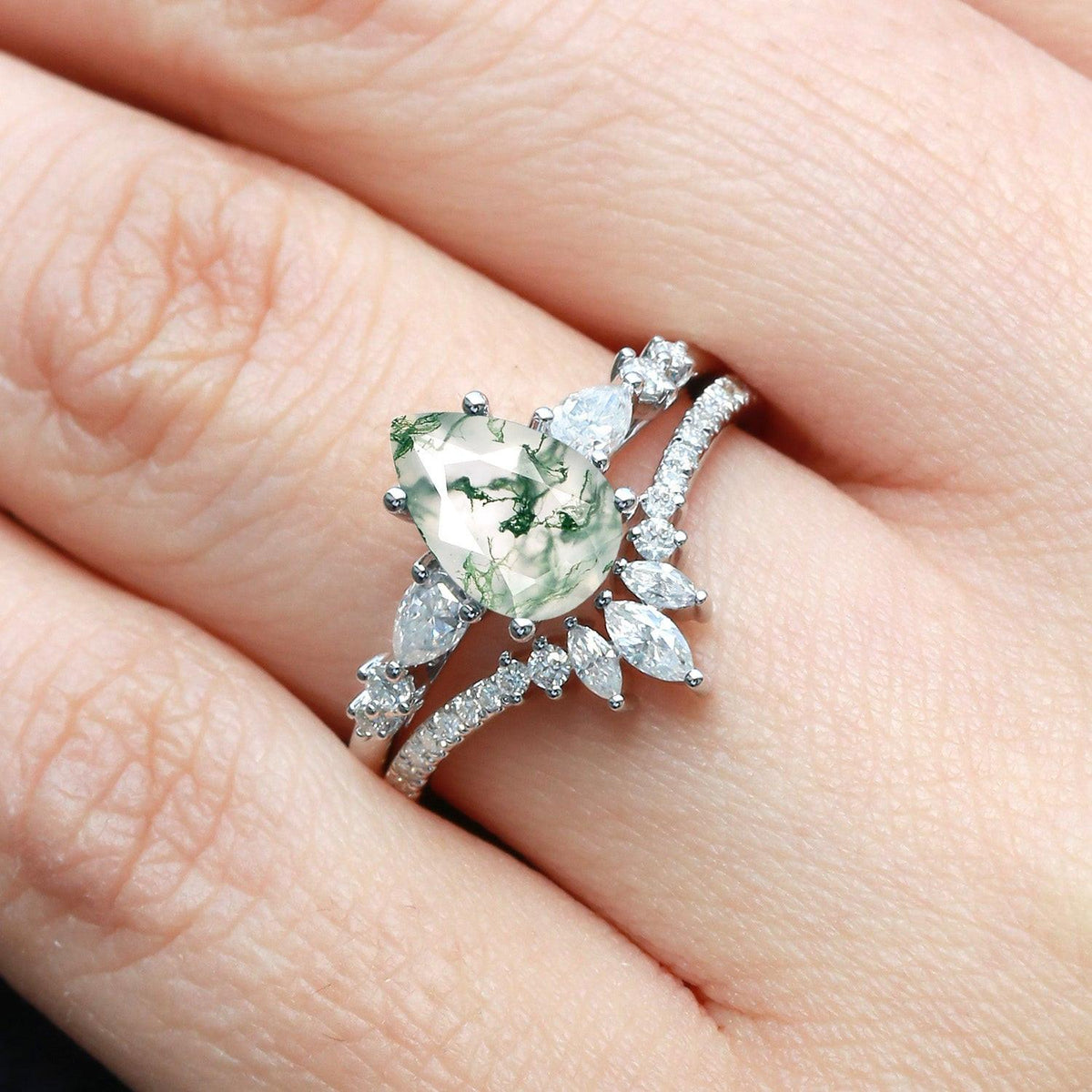 Scottie 1.5ct Signature Pear Moss Agate Staccato Ring Set 2pcs.