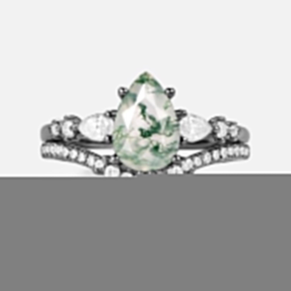 Scottie 1.5ct Signature Pear Moss Agate Staccato Ring Set 2pcs.