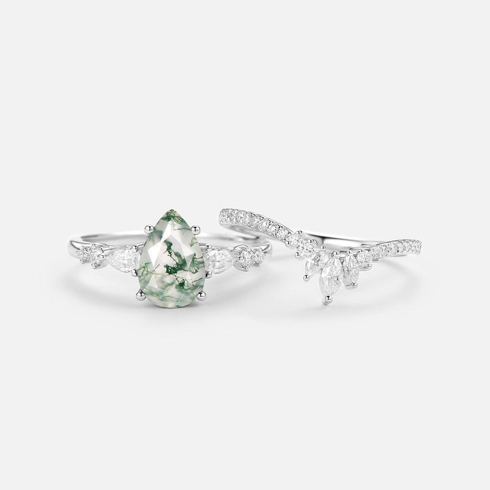 Scottie 1.5ct Signature Pear Moss Agate Staccato Ring Set 2pcs.