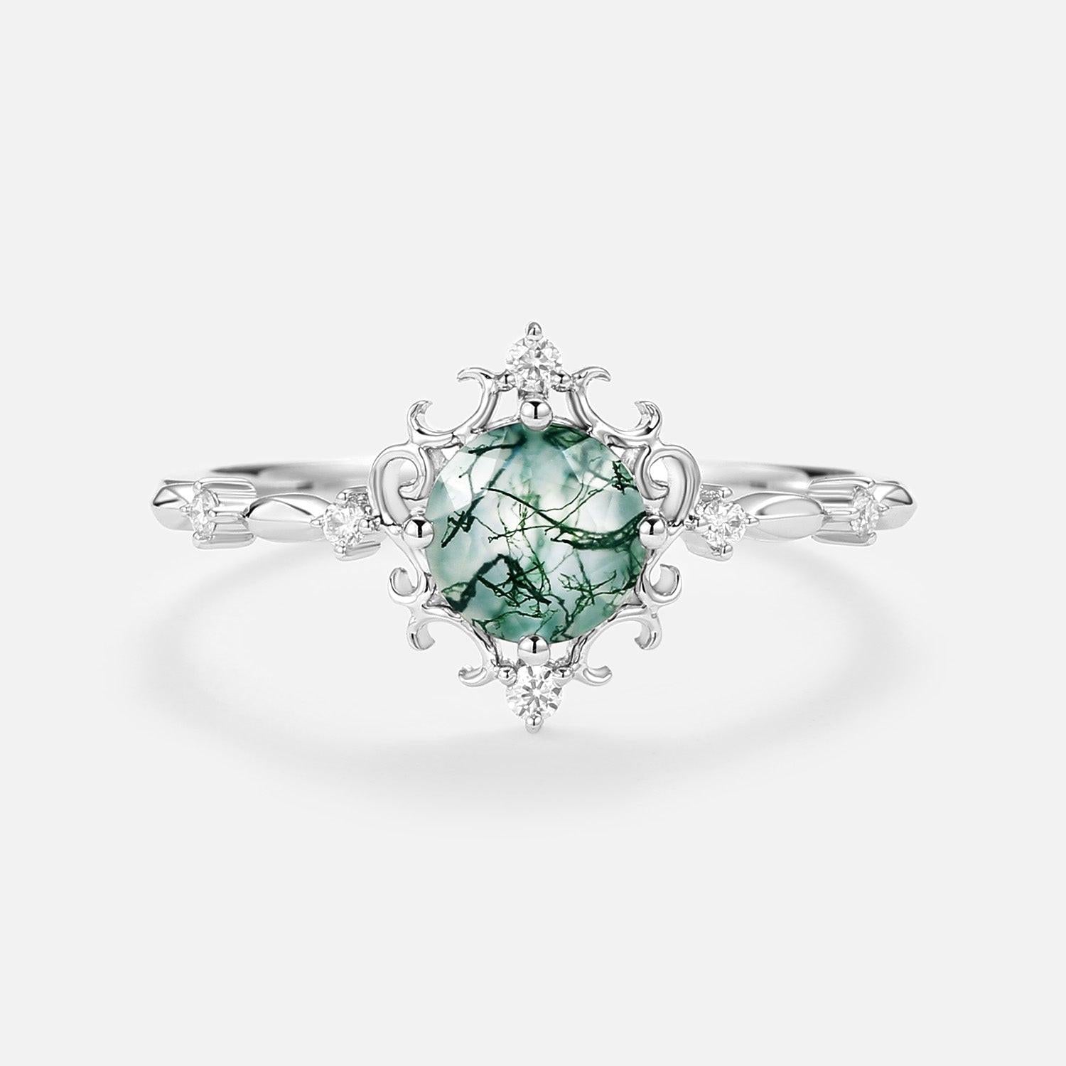 Vintage Round Cut Moss Agate Cluster Engagement Ring.