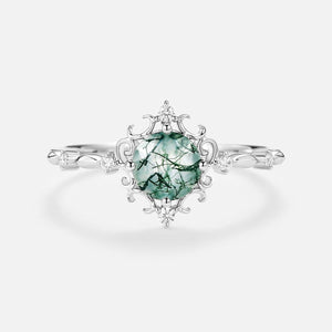 Vintage Round Cut Moss Agate Cluster Engagement Ring.