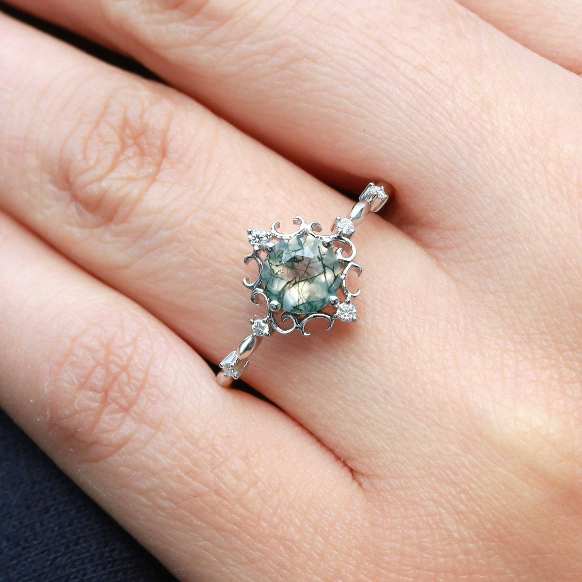 Vintage Round Cut Moss Agate Cluster Engagement Ring.