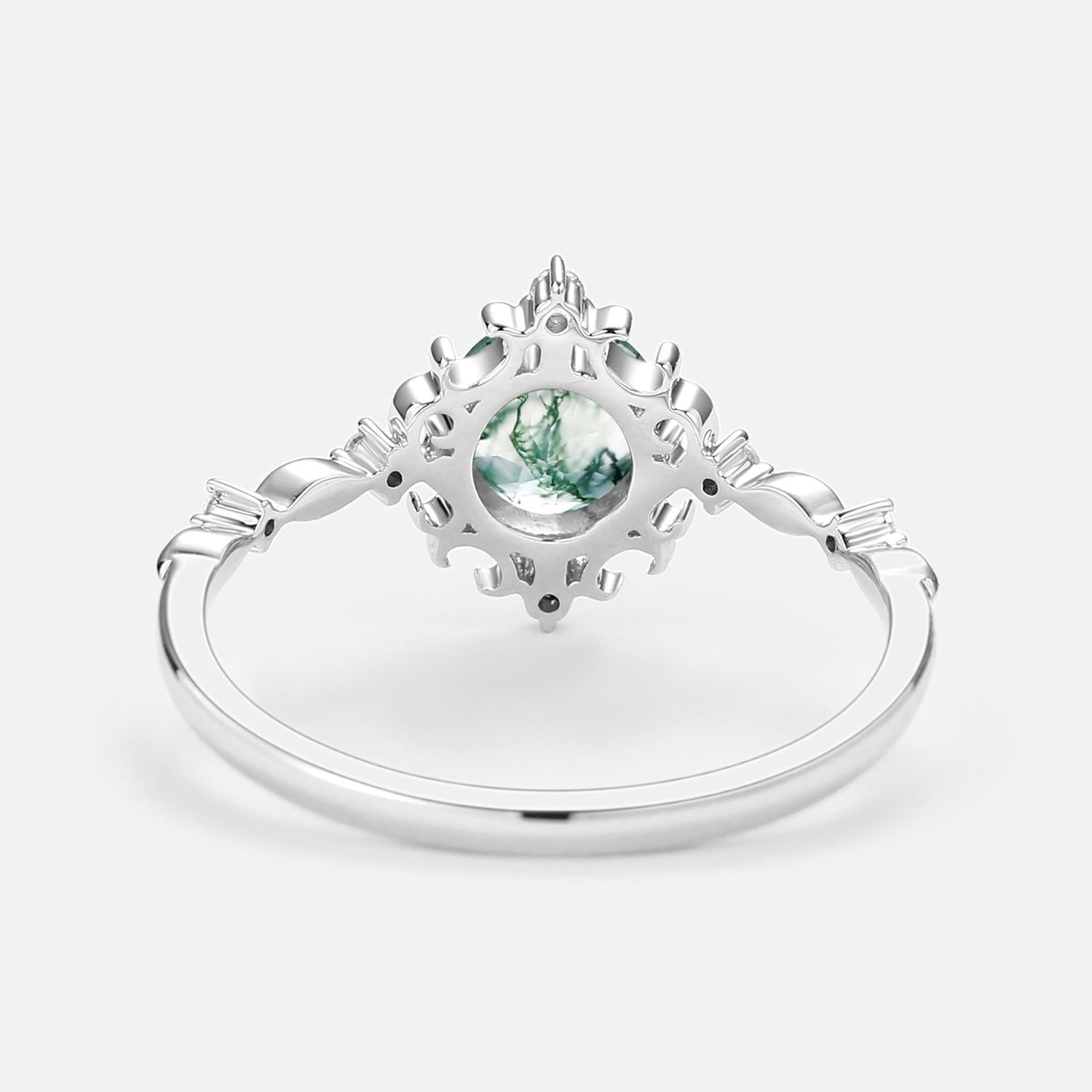Vintage Round Cut Moss Agate Cluster Engagement Ring.
