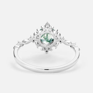 Vintage Round Cut Moss Agate Cluster Engagement Ring.