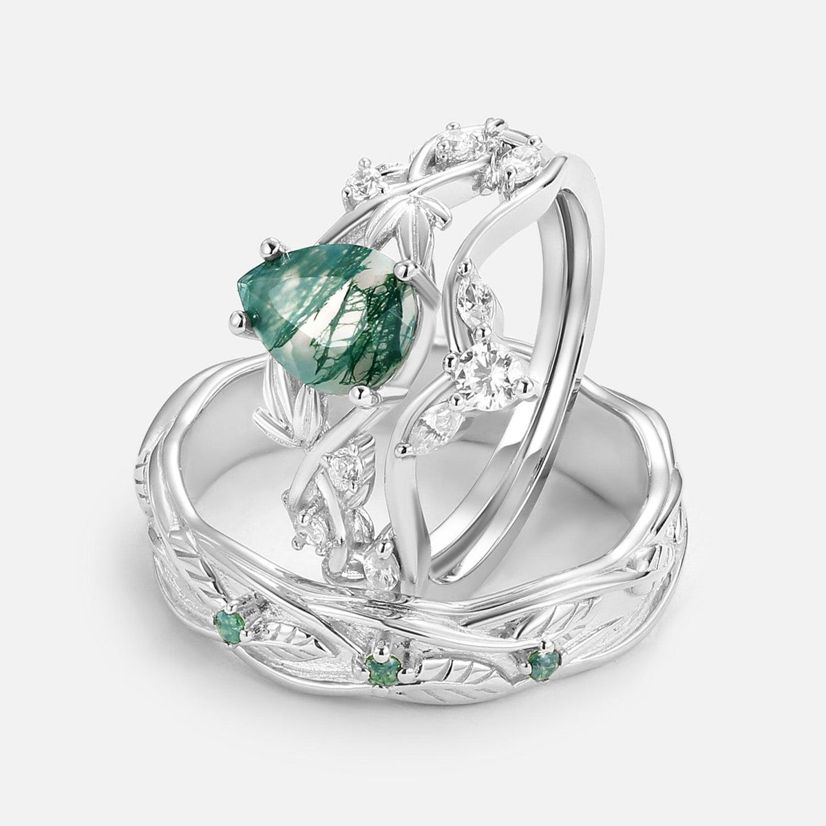 Sylvie’s Trefoil | Pear Moss Agate Three Leaves Couple Ring Set 3pcs.
