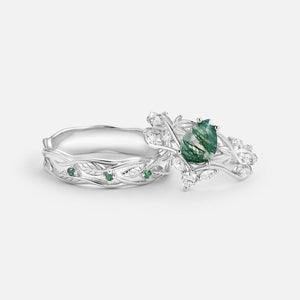 Sylvie’s Trefoil | Pear Moss Agate Three Leaves Couple Ring Set 3pcs.