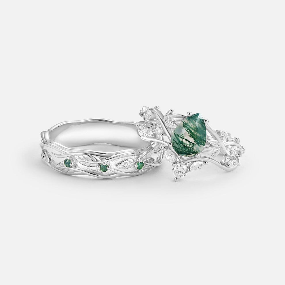 Sylvie’s Trefoil | Pear Moss Agate Three Leaves Couple Ring Set 3pcs.