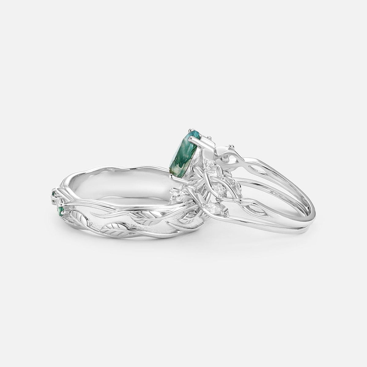 Sylvie’s Trefoil | Pear Moss Agate Three Leaves Couple Ring Set 3pcs.