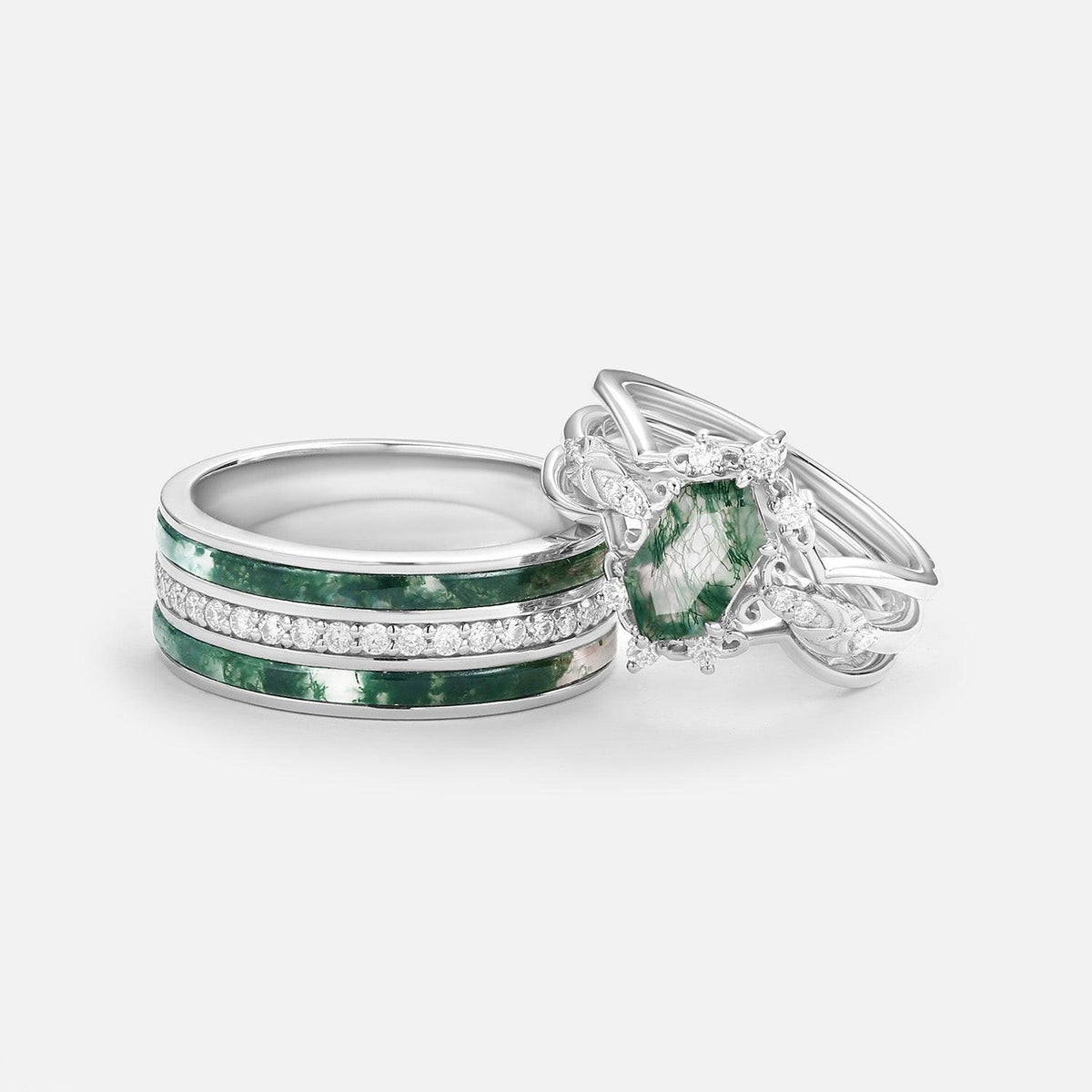 Isolde’s Enclave  | Vintage Long Hexagon Moss Agate & Moissanite Couple Ring Set 3pcs.