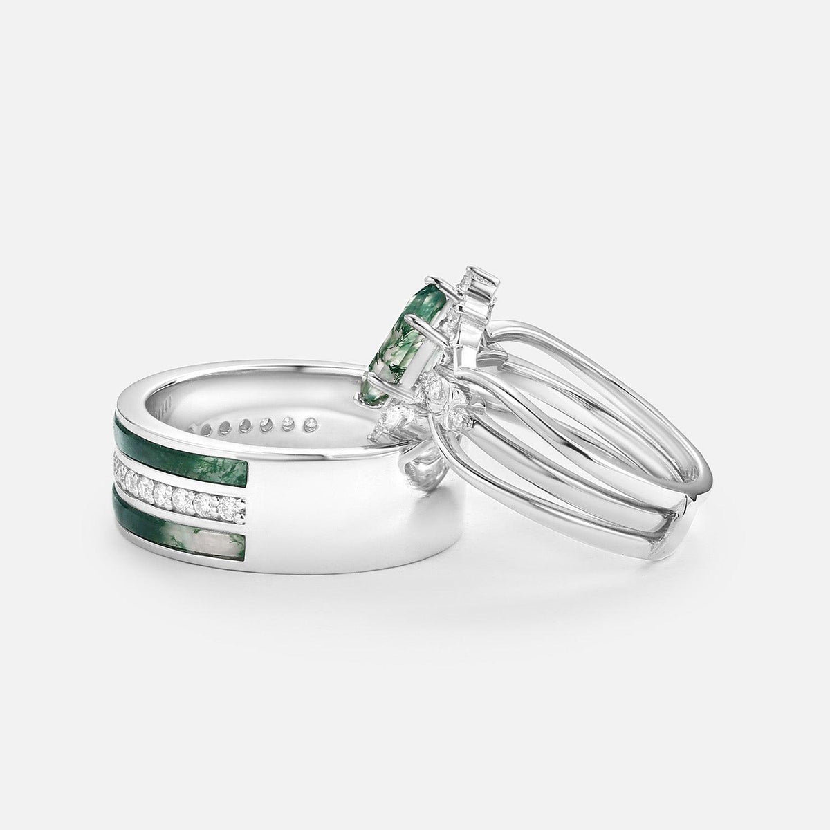 Isolde’s Enclave  | Vintage Long Hexagon Moss Agate & Moissanite Couple Ring Set 3pcs.
